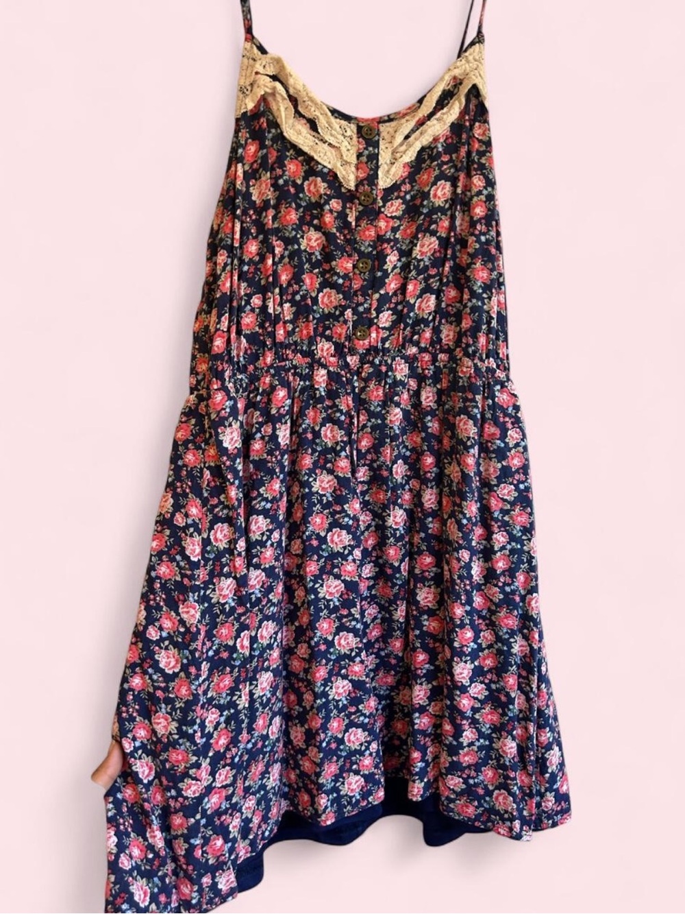 Papaya Navy Floral Sundress with Cream Lace Trim